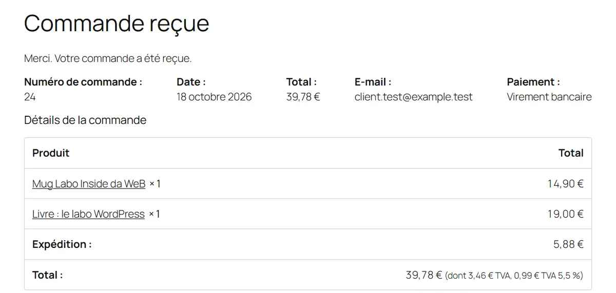 Page Commande reçue du labo pour la commande 24 : numéro, date, total 39,78 euros, e-mail, paiement par virement, détail du mug et du livre, expédition 5,88 euros et total dont 3,46 euros de TVA et 0,99 euro de TVA à 5,5 pour cent