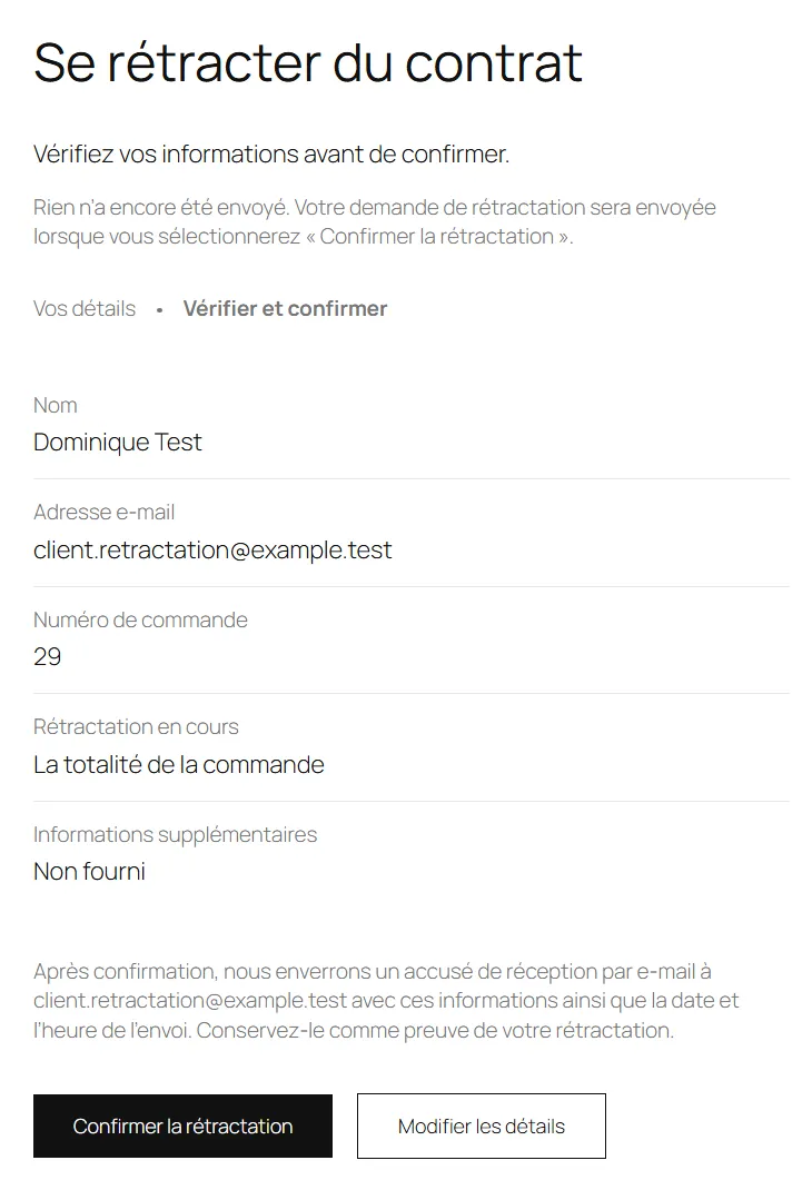 Étape Vérifier et confirmer du formulaire de rétractation de WooCommerce 11.2.1 : récapitulatif du nom, de l'e-mail, du numéro de commande 29 et de la rétractation de la totalité de la commande, avec les boutons Confirmer la rétractation et Modifier les détails