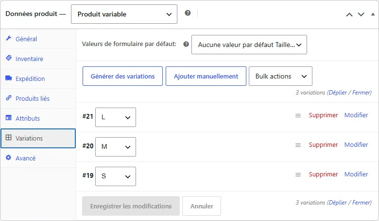 Onglet Variations du cadre Données produit pour le T-shirt Labo : trois variations S, M et L, chacune avec son identifiant