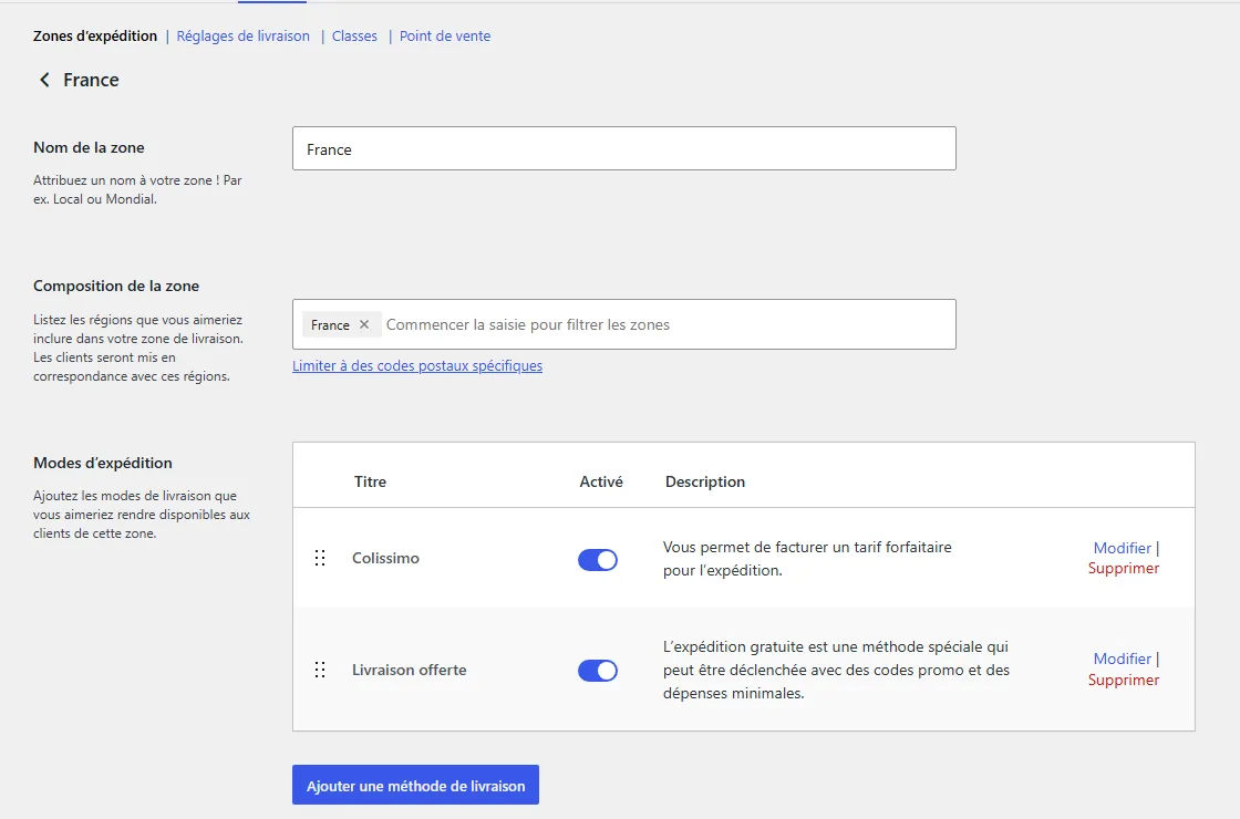 Zone d'expédition France dans WooCommerce 11.2.1 : composition France, deux modes d'expédition activés, Colissimo au forfait et Livraison offerte, et le bouton Ajouter une méthode de livraison
