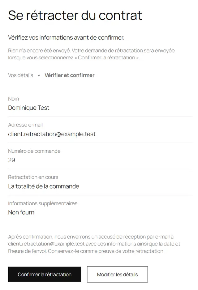 Étape Vérifier et confirmer du formulaire de rétractation de WooCommerce 11.2.1 : récapitulatif du nom, de l'e-mail, du numéro de commande 29 et de la rétractation de la totalité de la commande, avec les boutons Confirmer la rétractation et Modifier les détails
