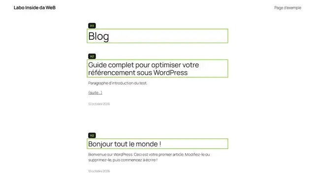 Accueil du thème Twenty Twenty-Five : le H1 est le mot Blog, les titres des articles sont en H2