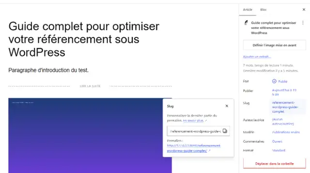 Éditeur de WordPress 7.1.3, panneau Slug ouvert