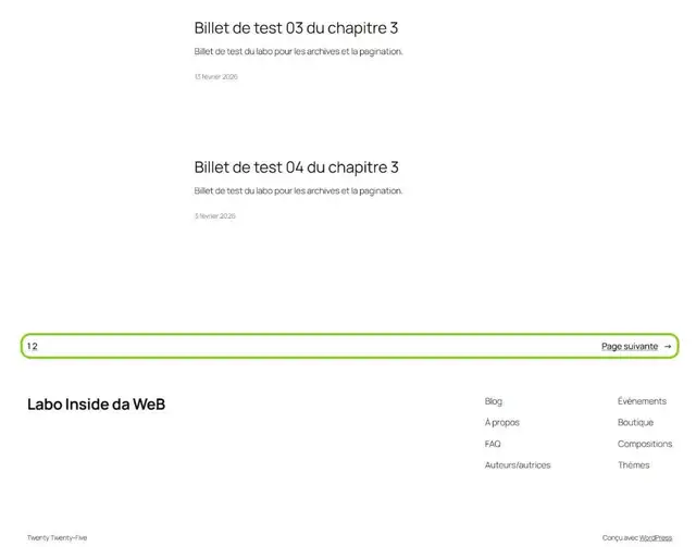 Bas d'une page de rubrique de Twenty Twenty-Five : les numéros de page 1 et 2 et le lien Page suivante, encadrés en vert