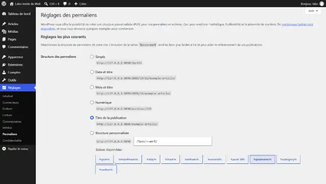 Écran Réglages › Permaliens de WordPress 7.1.3, option Titre de la publication sélectionnée