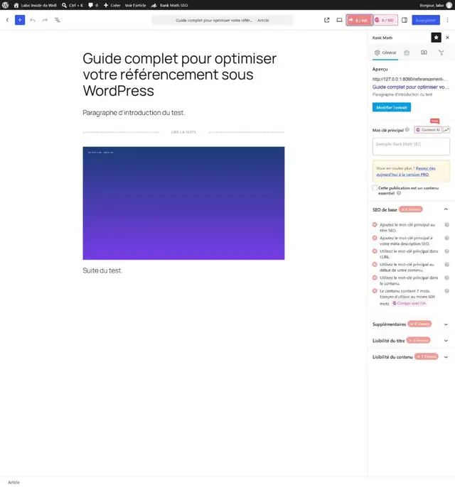 Éditeur WordPress avec le panneau Rank Math : score 8 sur 100 et liste des erreurs SEO de base