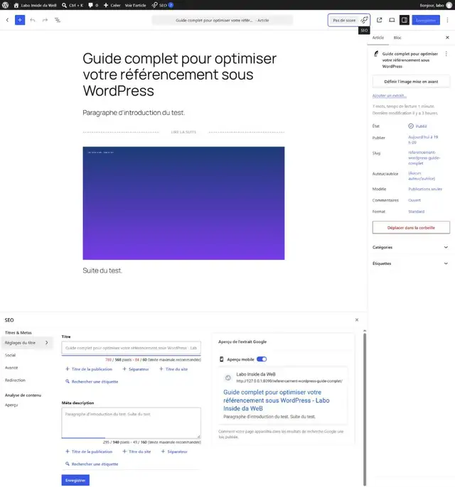 Éditeur WordPress avec le panneau SEOPress : titre de 789 pixels sur 568 et 84 signes sur 60 en rouge