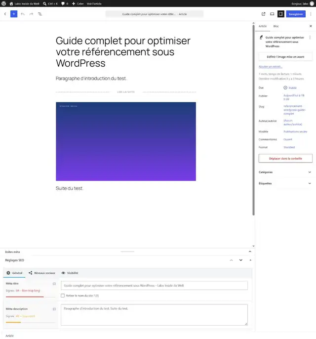 Éditeur WordPress avec la boîte The SEO Framework : méta titre de 84 signes, bien trop long