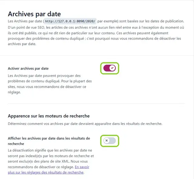 Réglages de Yoast SEO, Archives par date : l'interrupteur Activer archives par date est allumé, l'interrupteur Afficher les archives par date dans les résultats de recherche est éteint, tous deux encadrés en vert