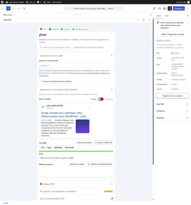 Éditeur WordPress avec la boîte Yoast SEO : expression clé, aperçu Google, titre SEO et méta description